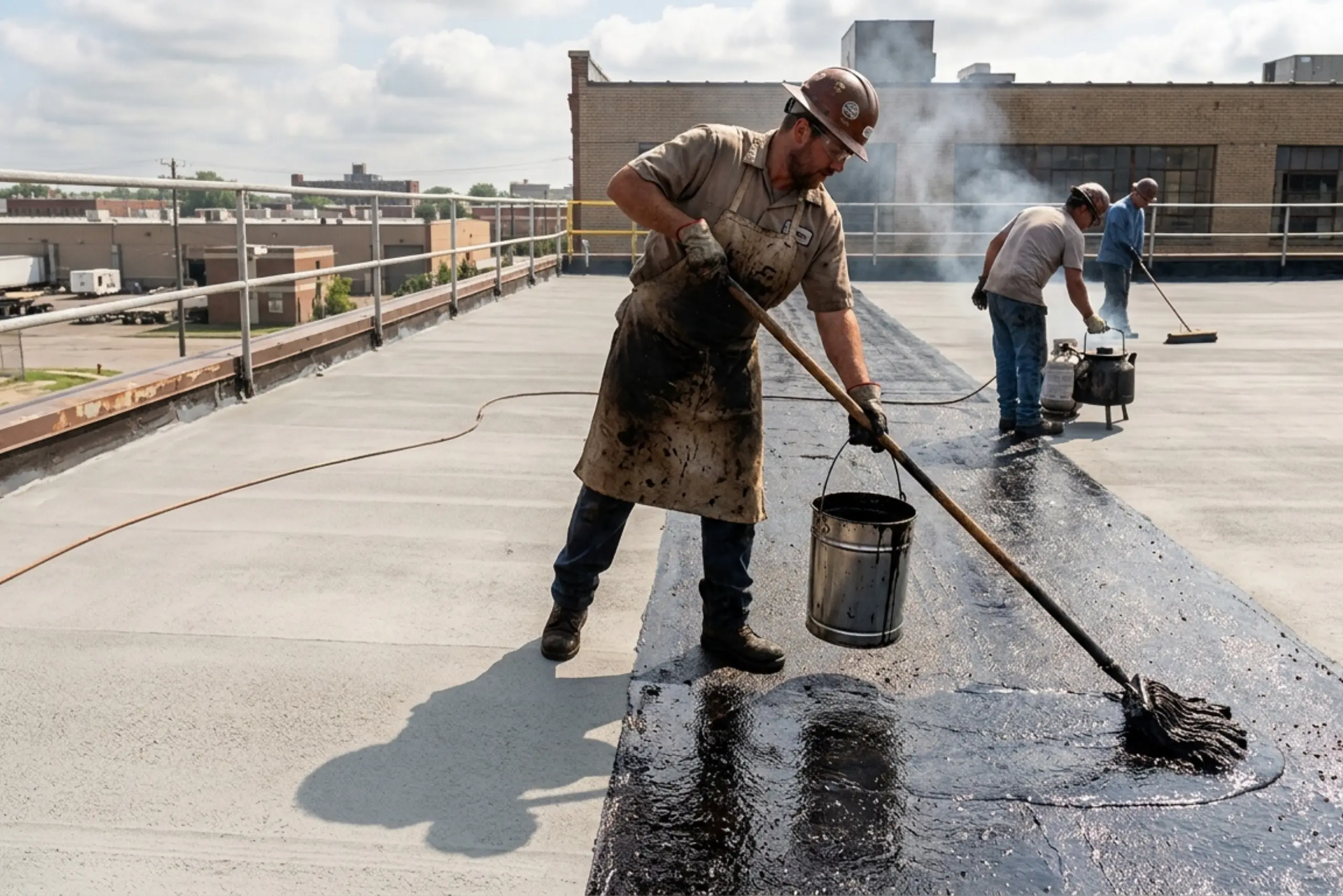 Roofer mopping hot tar onto a flat commercial roof, with a kettle heating tar in the background
