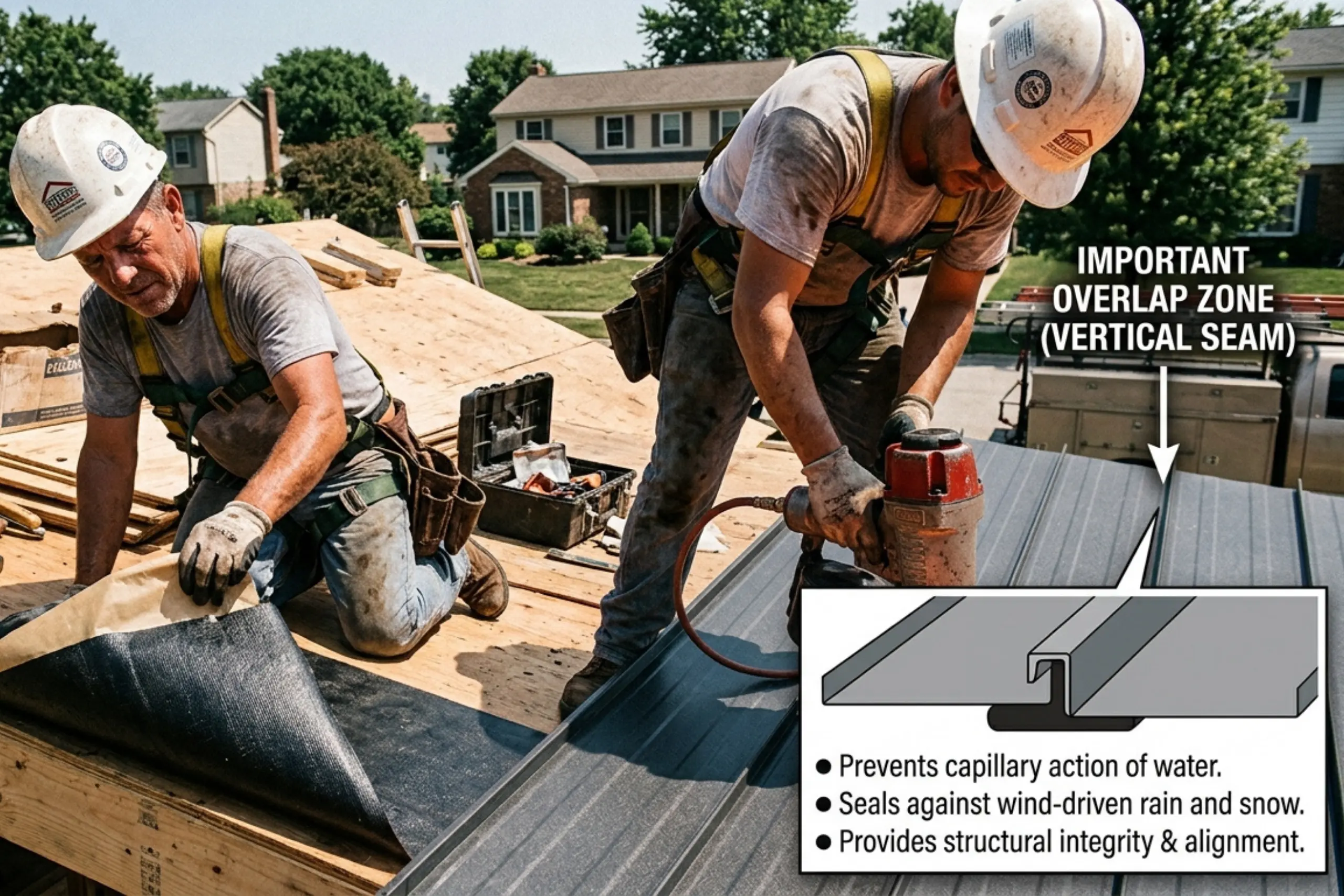 Roofers installing standing seam metal roofing panels, with a close-up diagram showing the vertical seam overlap and how it locks together