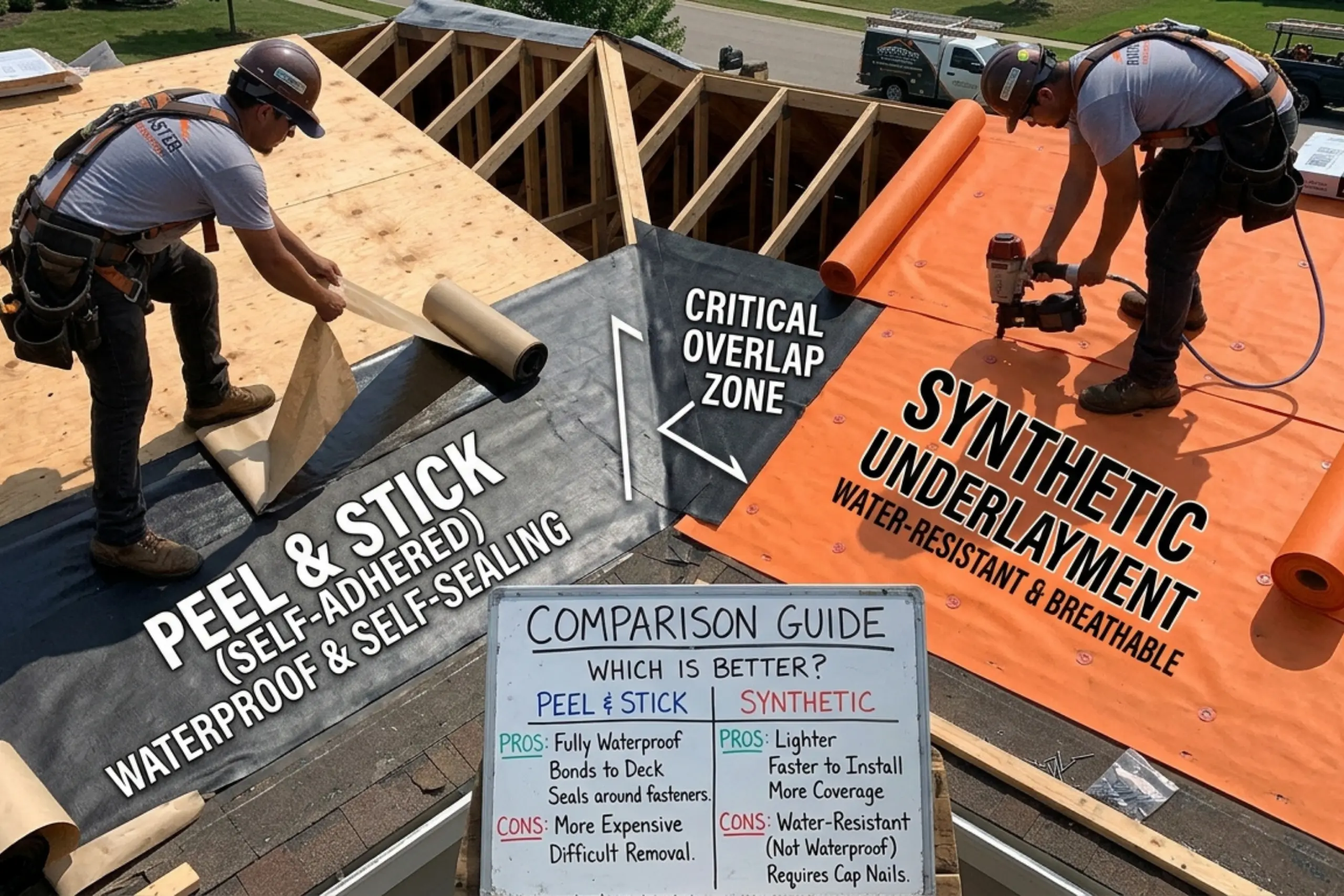 Two roofers installing peel and stick and synthetic underlayment on a new roof deck, with a comparison guide sign showing pros and cons of each material.