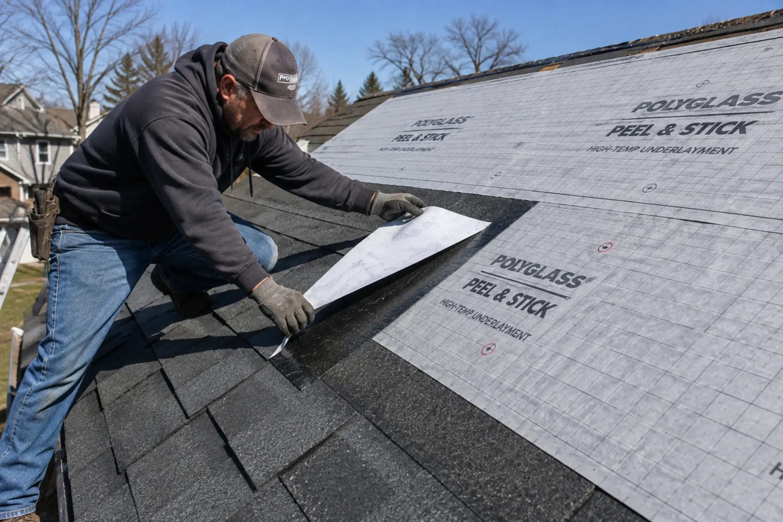 Roofer installing peel and stick roofing underlayment over a residential roof.