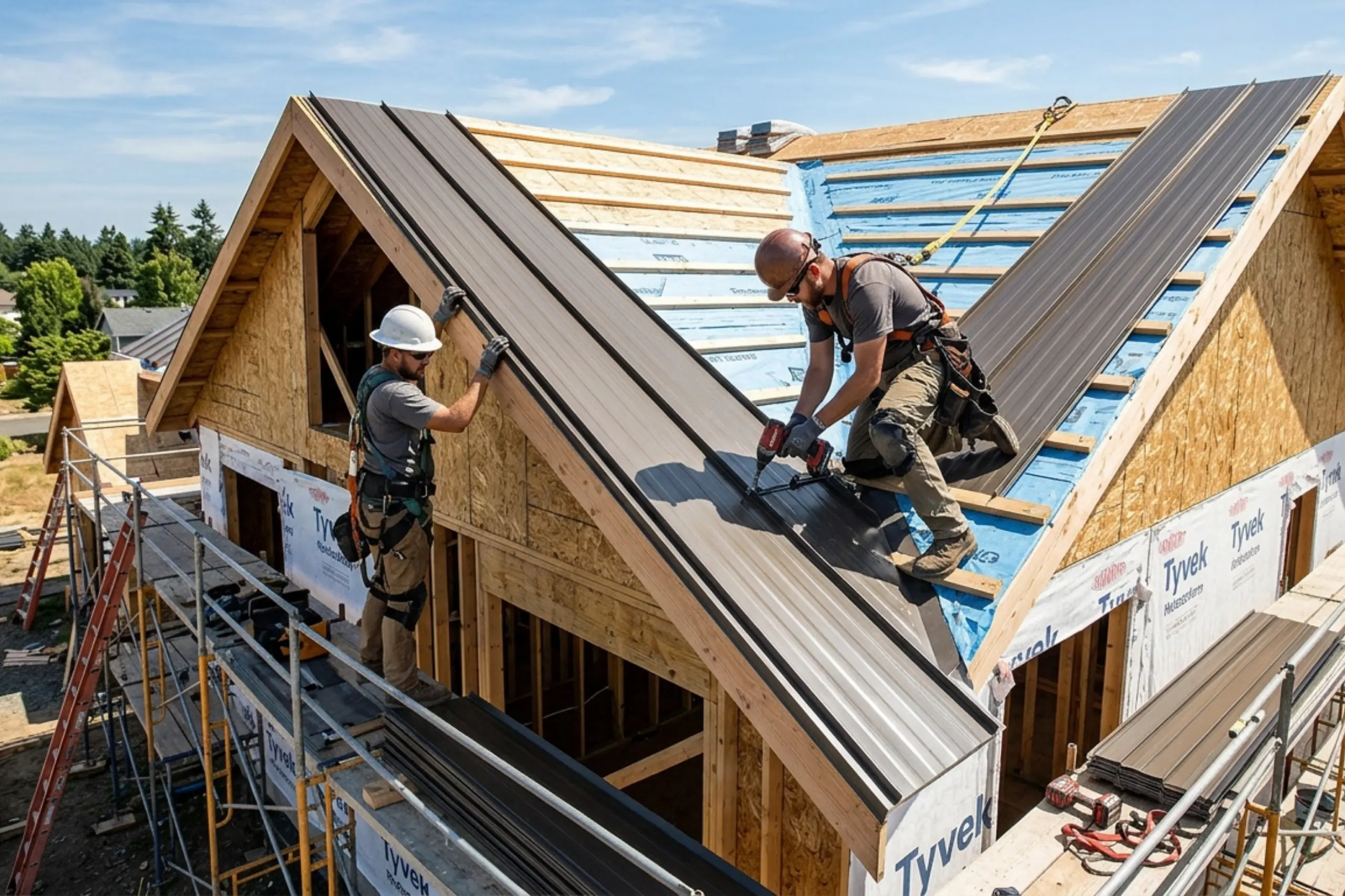 Two roofers installing metal roof panels on a new construction home, with underlayment visible on adjacent roof sections