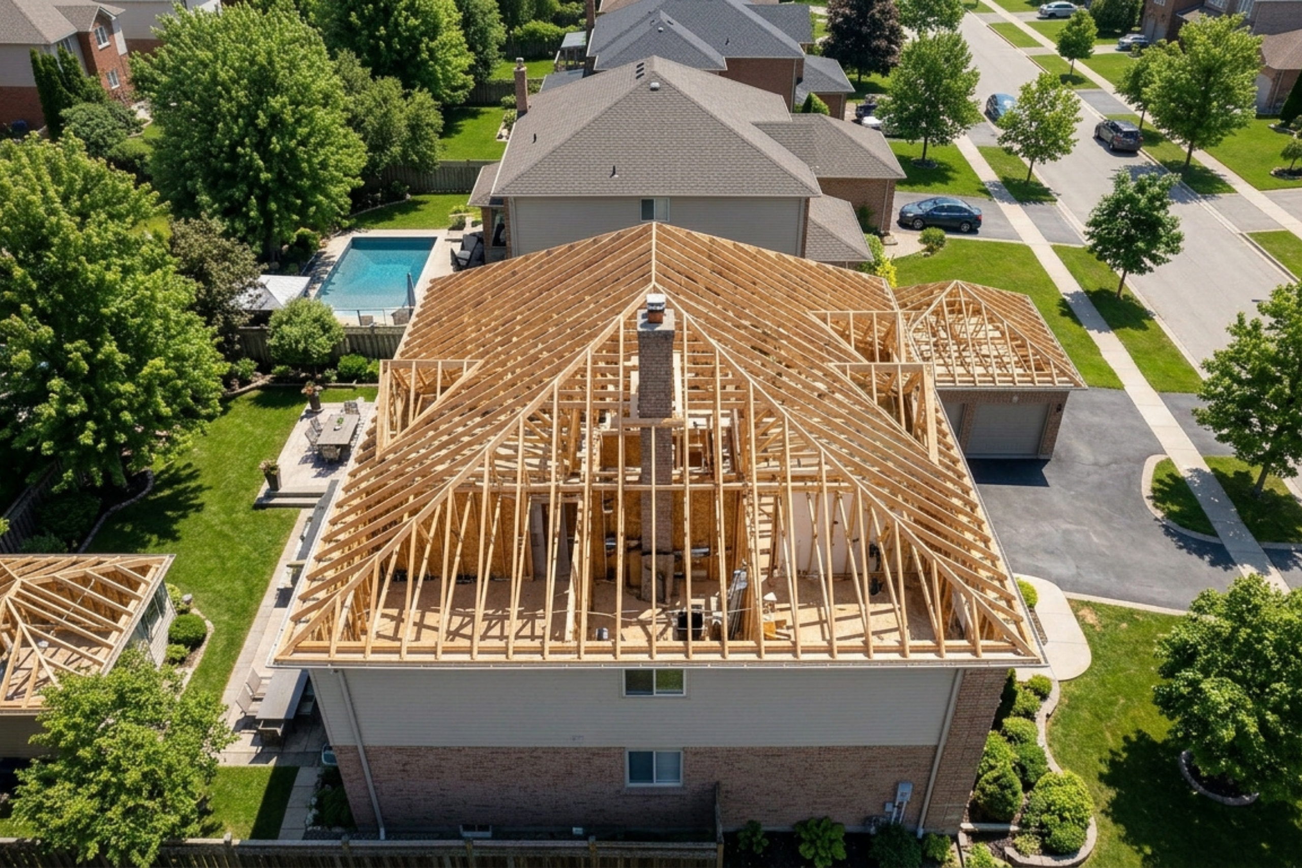 Aerial view of an open hip roof frame under construction, showing exposed wood trusses and rafters