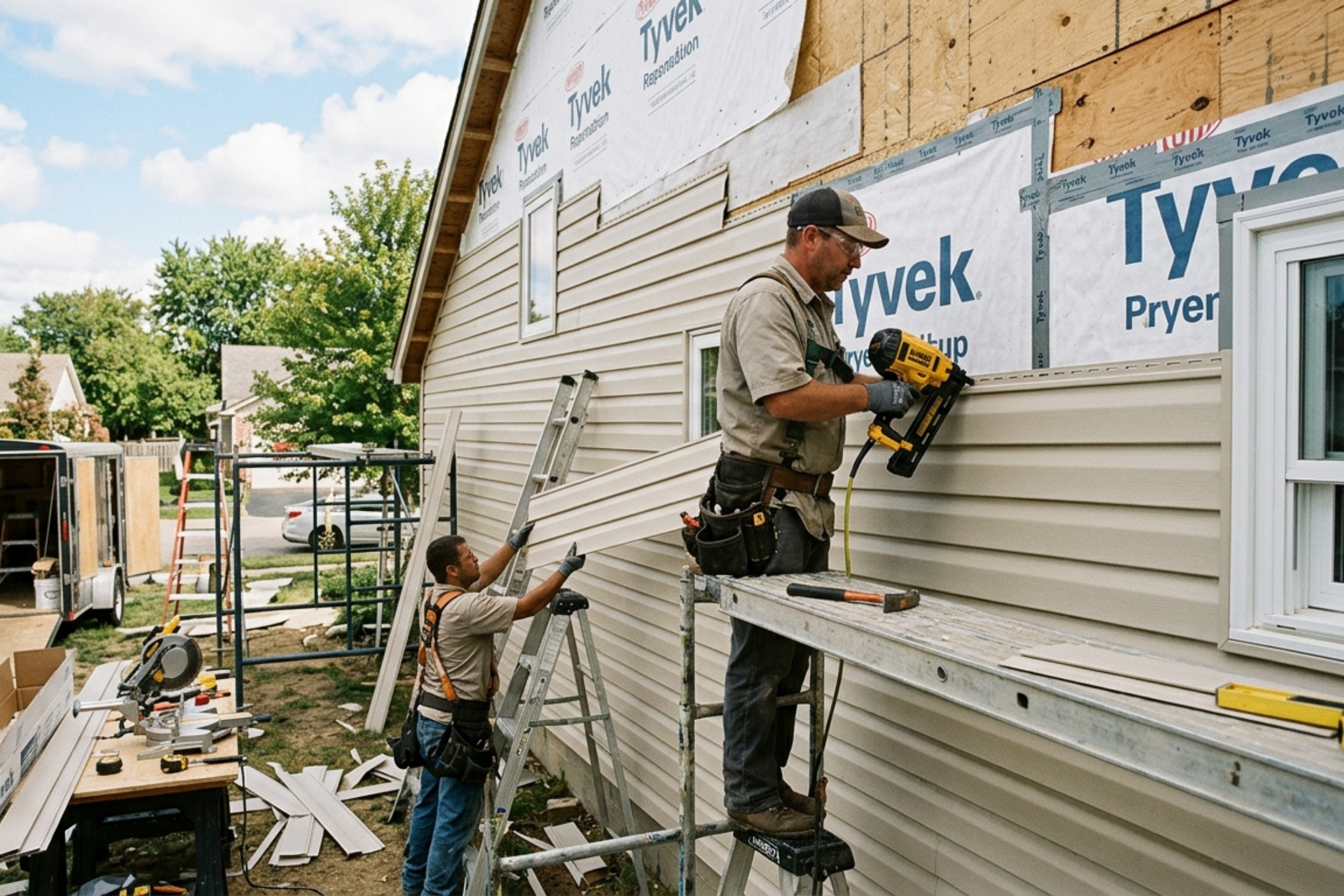 Two workers installing vinyl siding on a house, with weather-resistant house wrap visible on the upper wall
