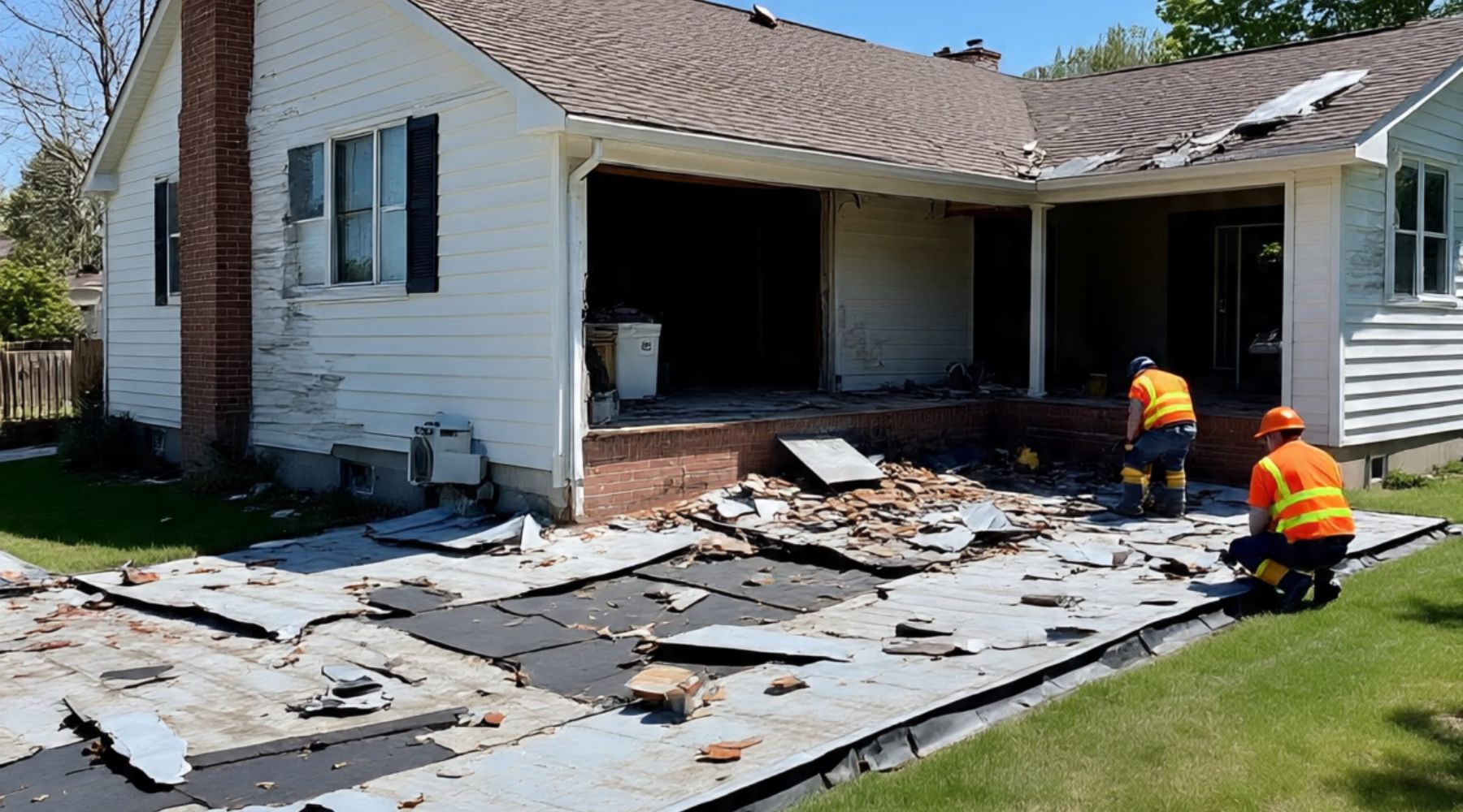 Roofing crew replacing storm-damaged roof in Franklin Park OH