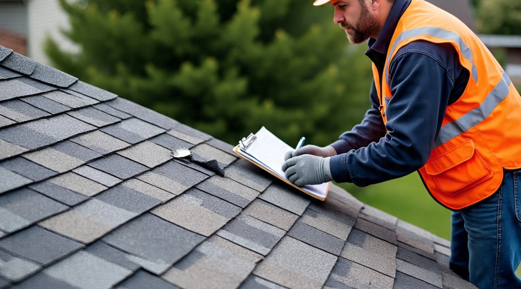 Roofing contractor inspecting shingles on a residential roof in Franklin Park OH