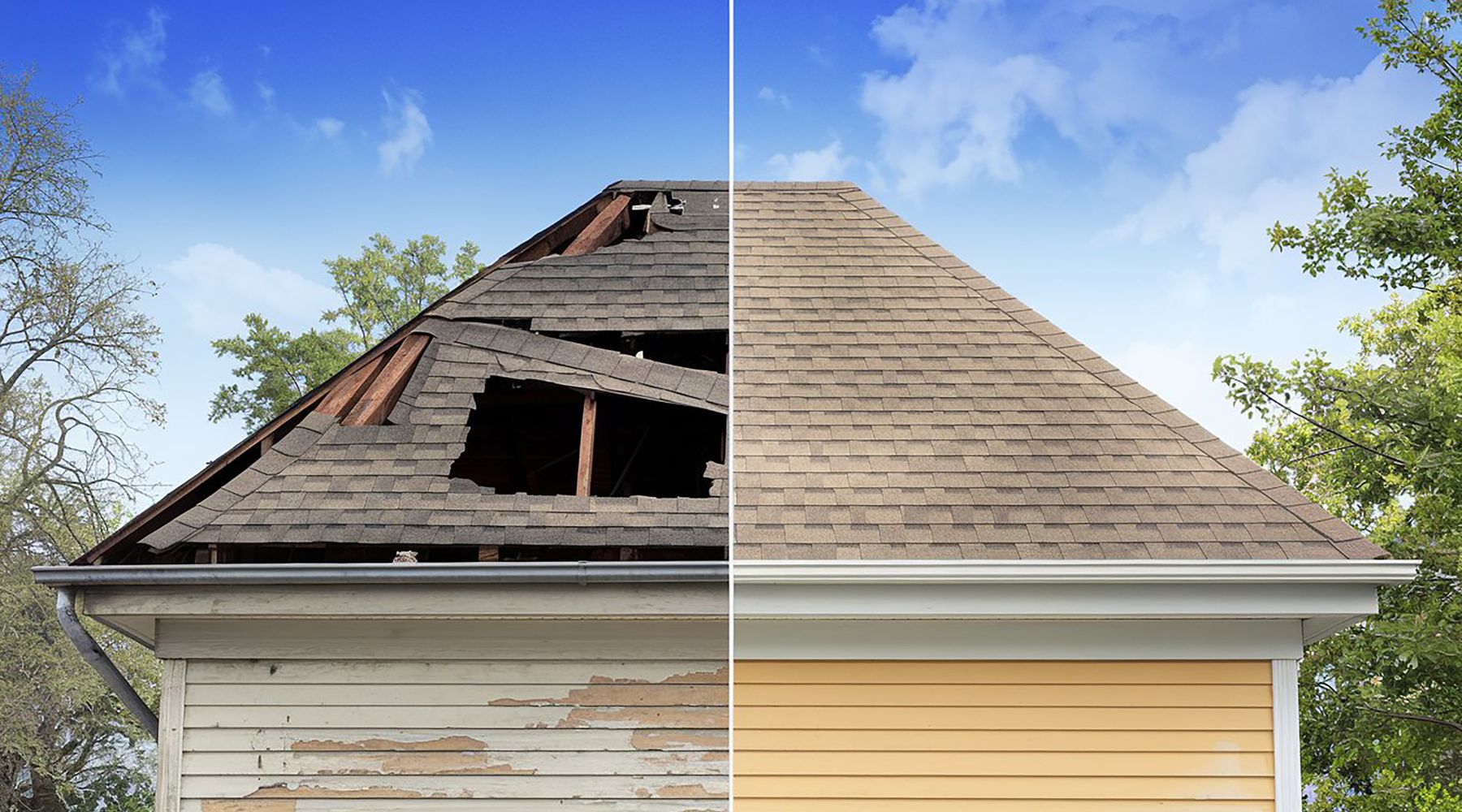 Emergency roofing crew repairing severe storm damage on a residential roof