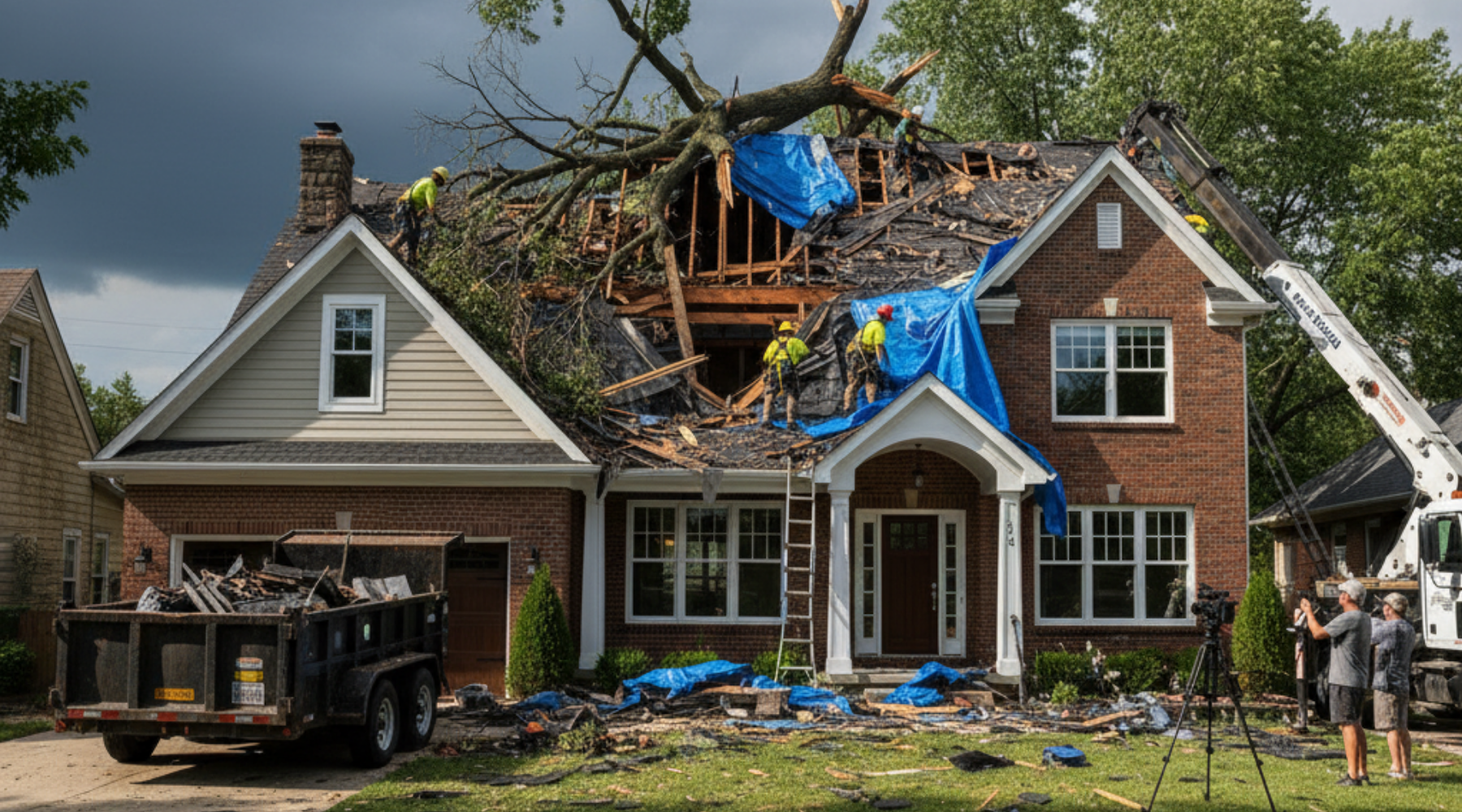 Workers repairing severe roof damage caused by a fallen tree on a two-story brick house.