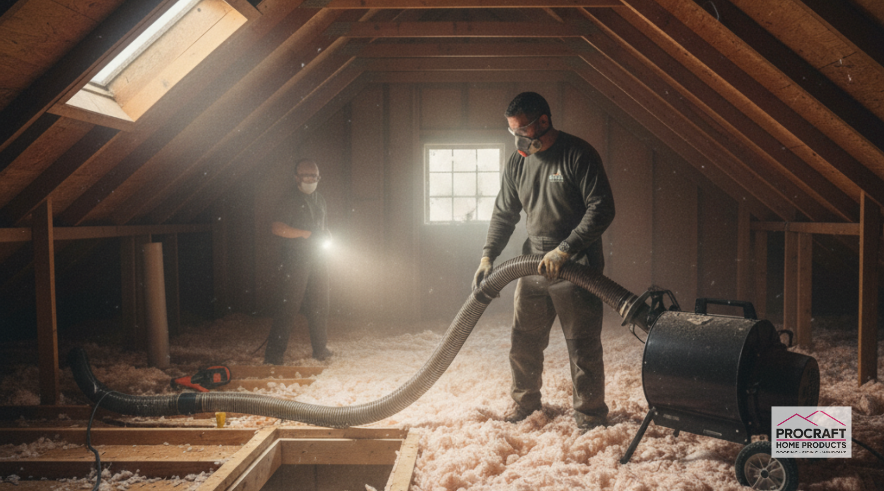 Workers installing blown-in insulation in an attic using a hose and machine.