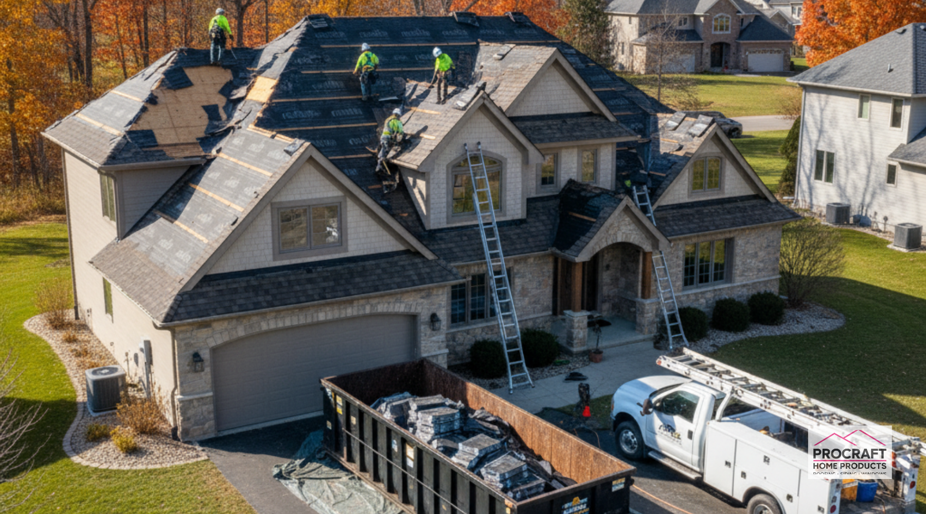 Roof replacement in Sand Creek, MI by Pro Craft Home Products with contractors installing new shingles on a two-story home.
