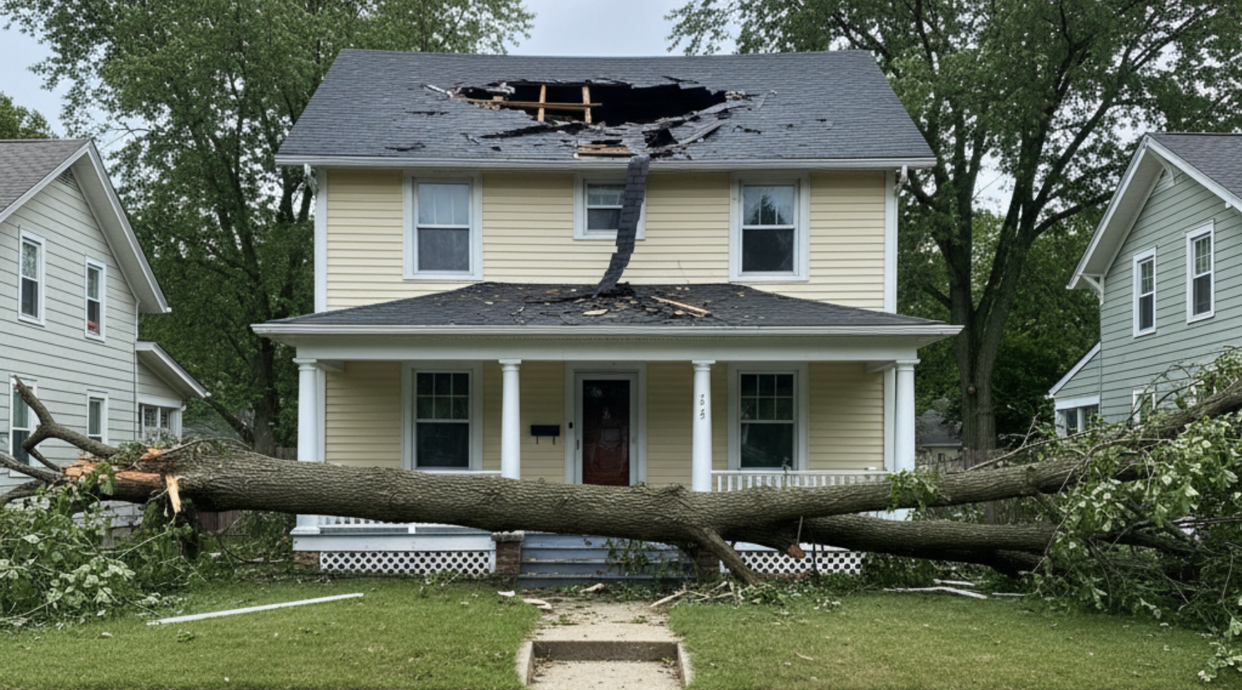 emergency roof repair in ottawa hills ohio Large fallen tree on a yellow two-story house with a damaged roof after a storm.