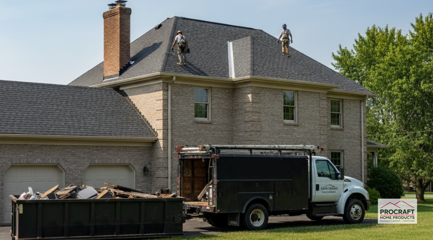 Roofing crew working on a two-story brick home with trucks and debris bin outside.