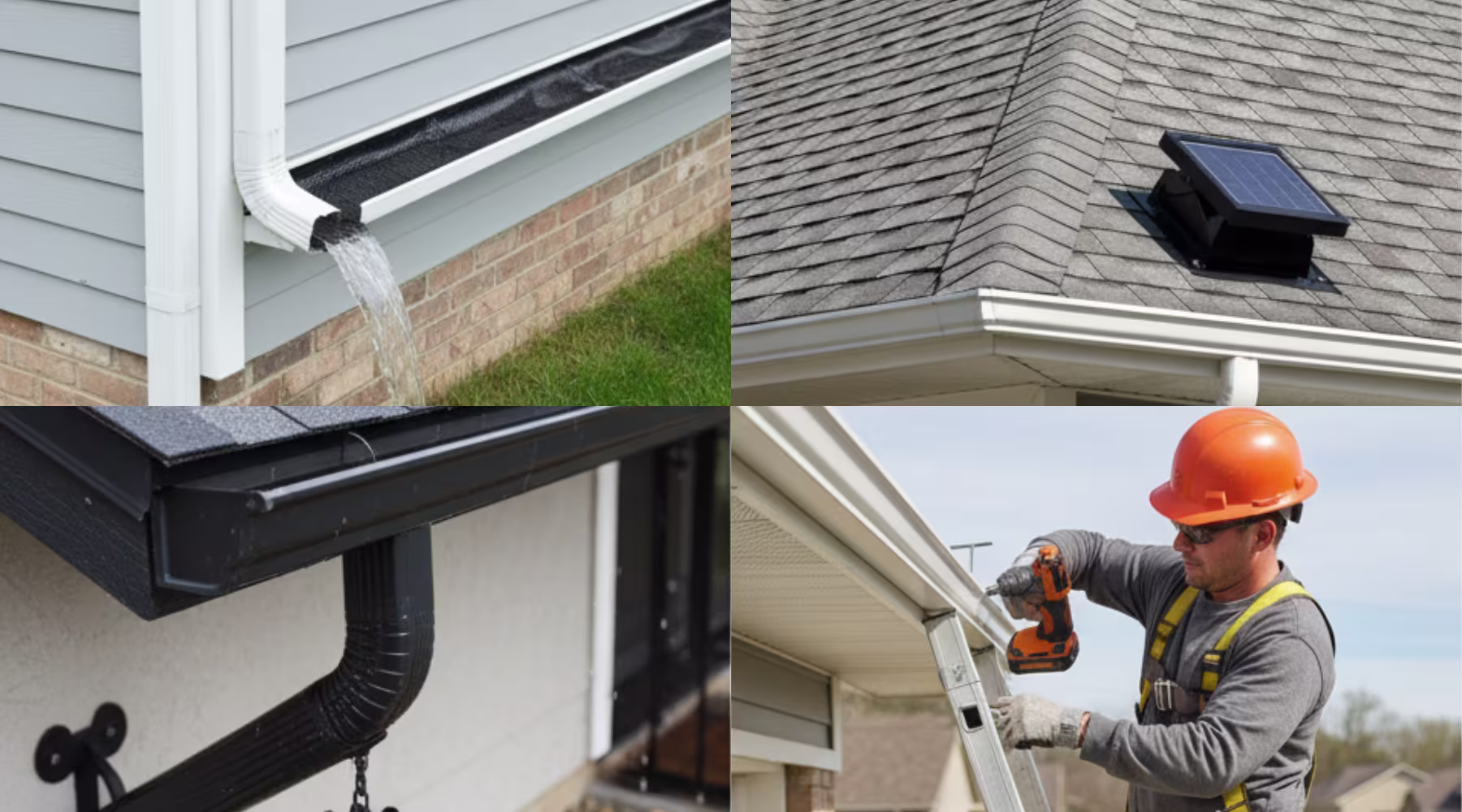 Collage of a gutter with water flow, a solar roof vent, and a worker installing a gutter on a house.