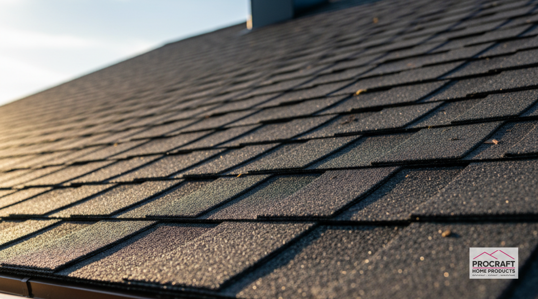 Close-up of a new asphalt shingle roof at sunset, with dark textured shingles, a chimney.