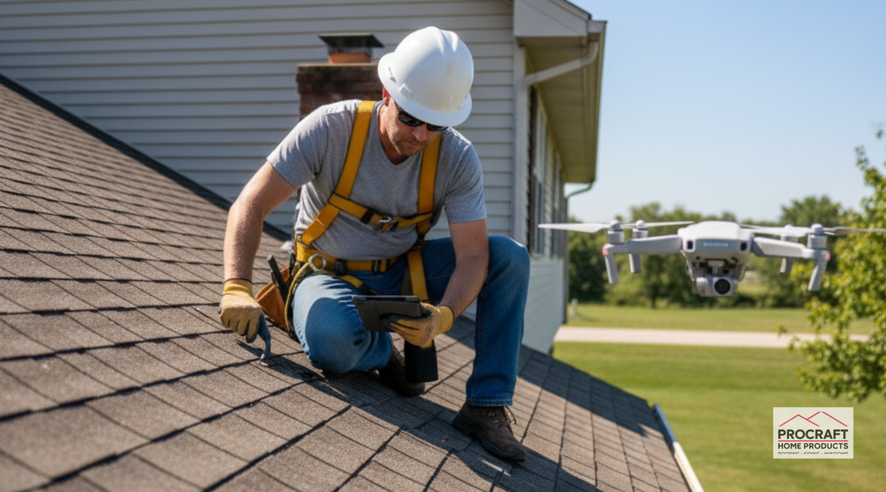 Roofer inspecting a roof with a tablet and drone.