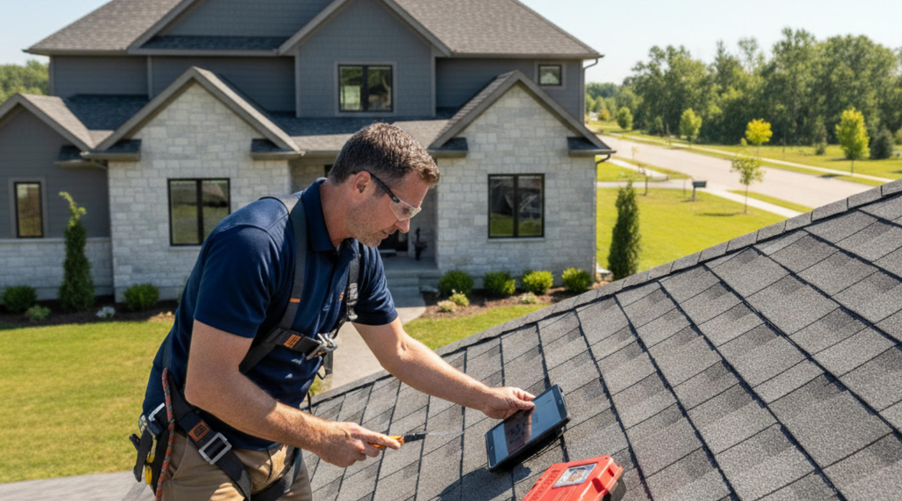 roof inspection by pro craft home products in la salle, MI Roof inspector examining shingles on a residential home using a tablet and roofing tools.