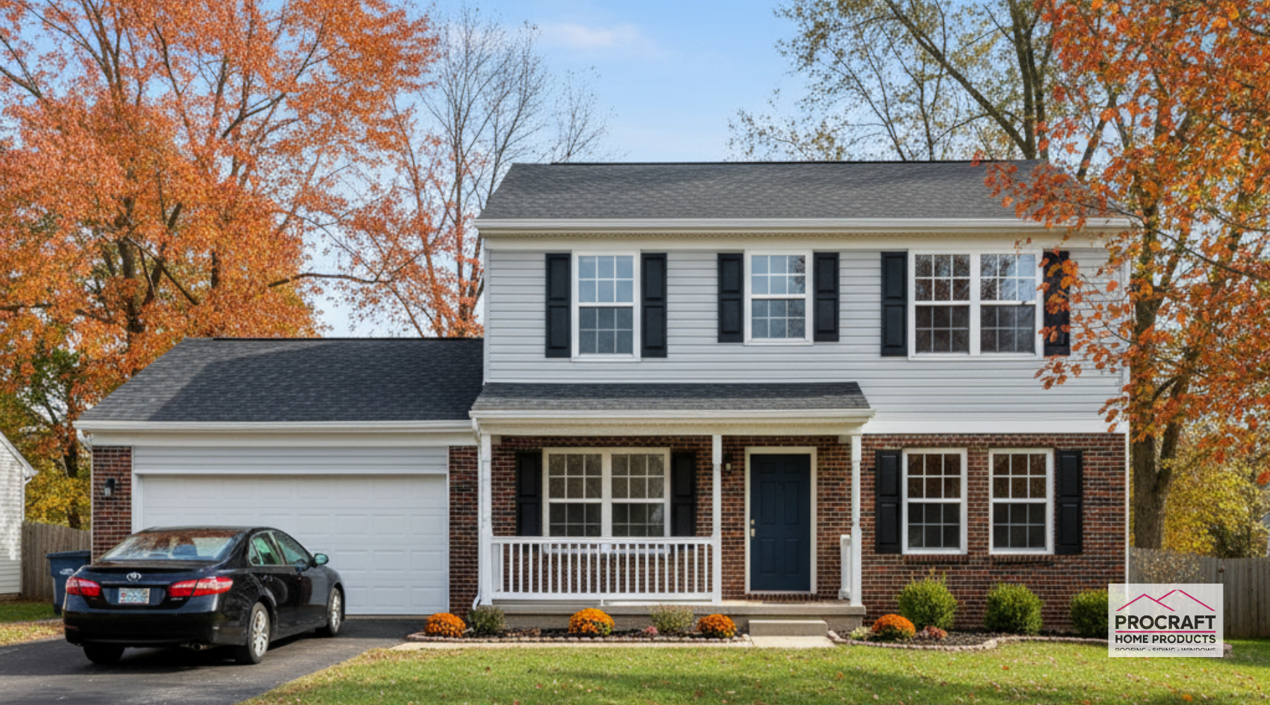 Two-story brick and siding house with a new black shingle roof and black shutters, completed roof installation by Pro Craft Home Products in Arcadia.