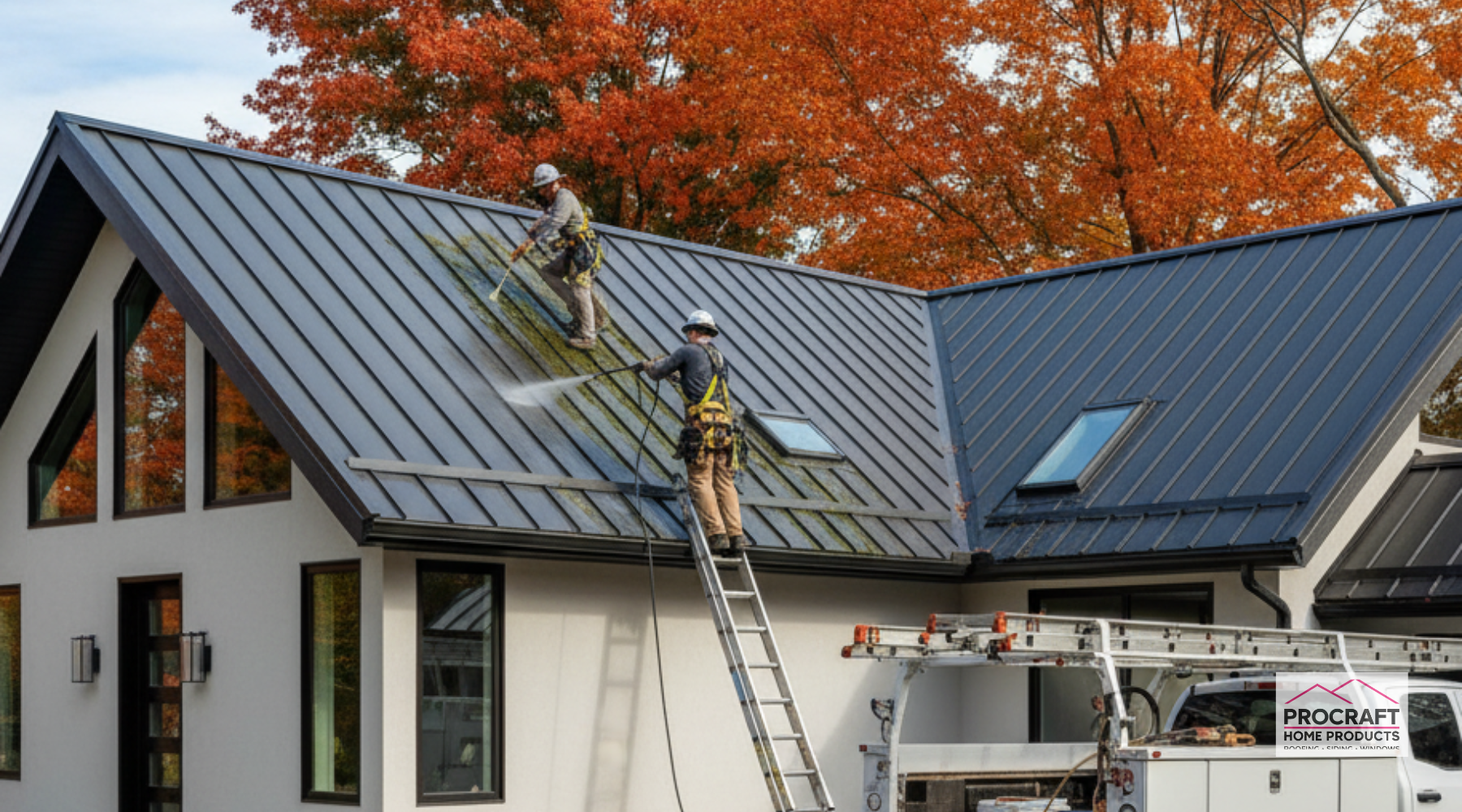 Roof maintenance in Toledo, OH by Pro Craft Home Products with contractors cleaning a modern metal roof.
