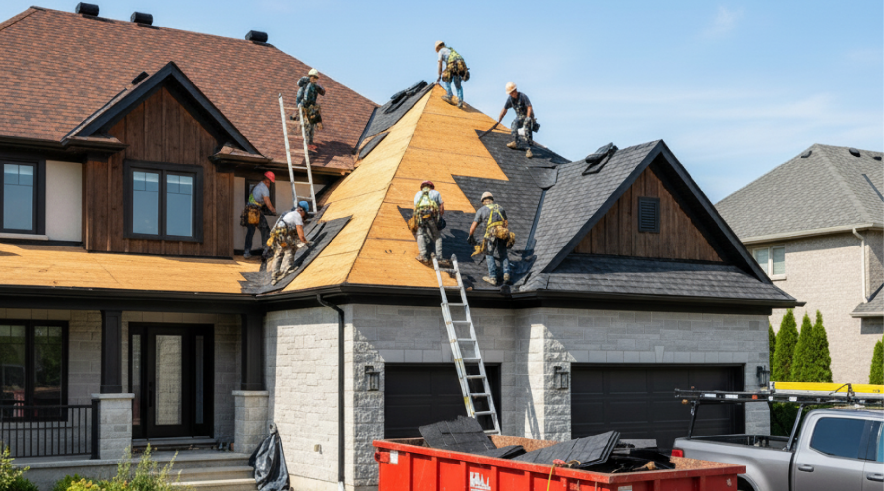 roof replacement by pro craft home products in la salle Roofers replacing shingles on a two-story home in La Salle, Ohio.