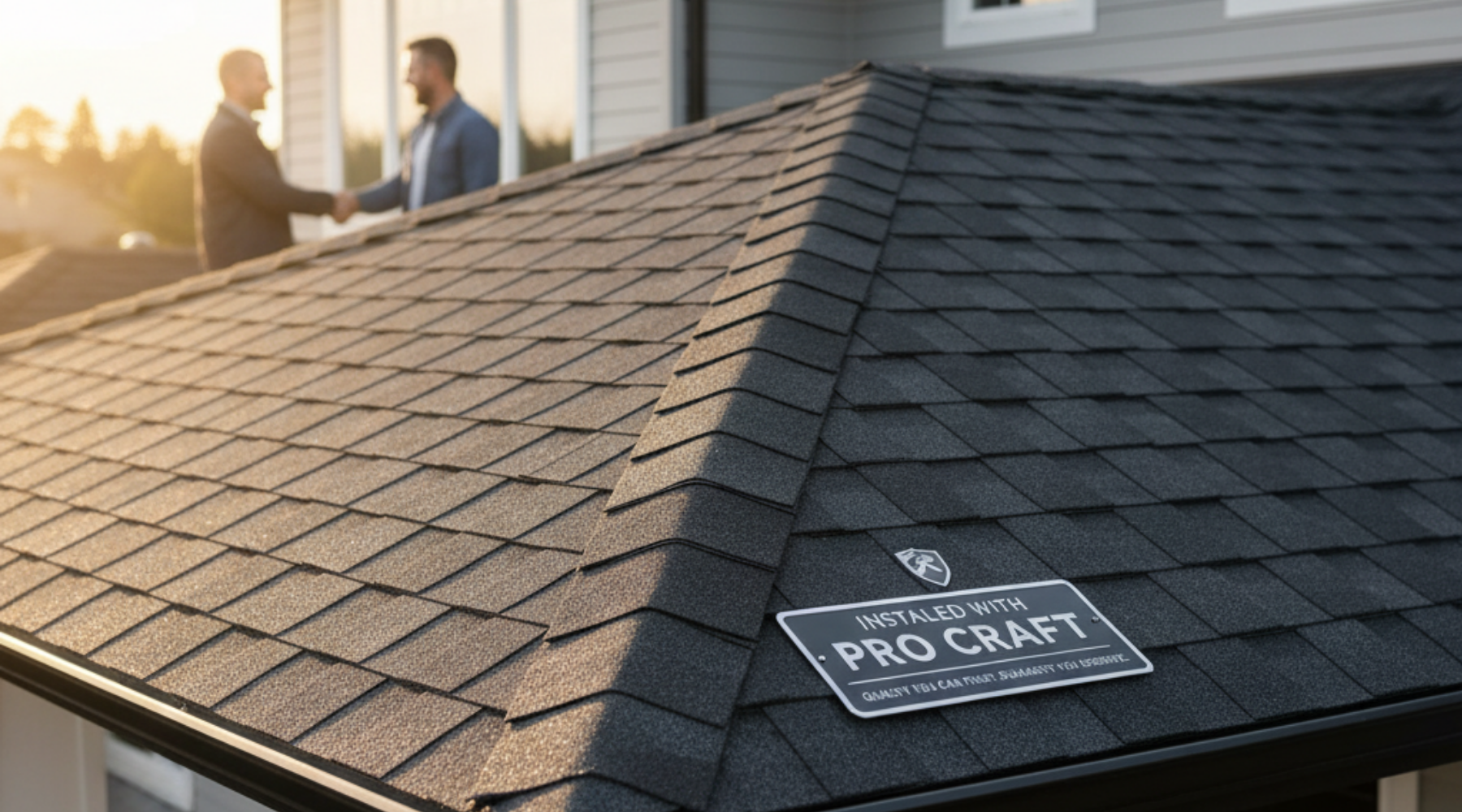 roof replacement by pro craft home products New dark gray shingle roof with a “Installed with Pro Craft” sign.