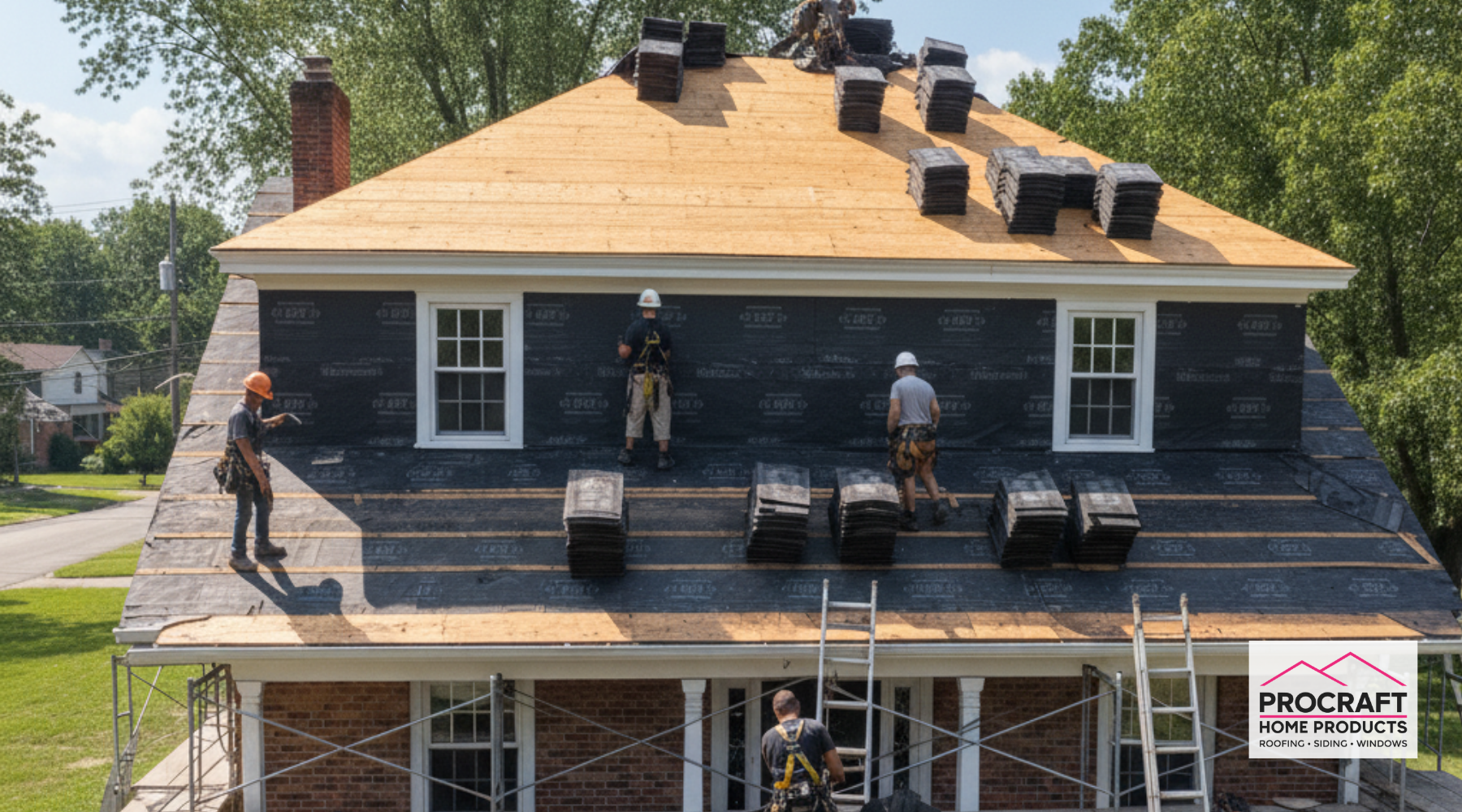 Workers on a roof installing shingles on a house with scaffolding, surrounded by trees and a residential street.