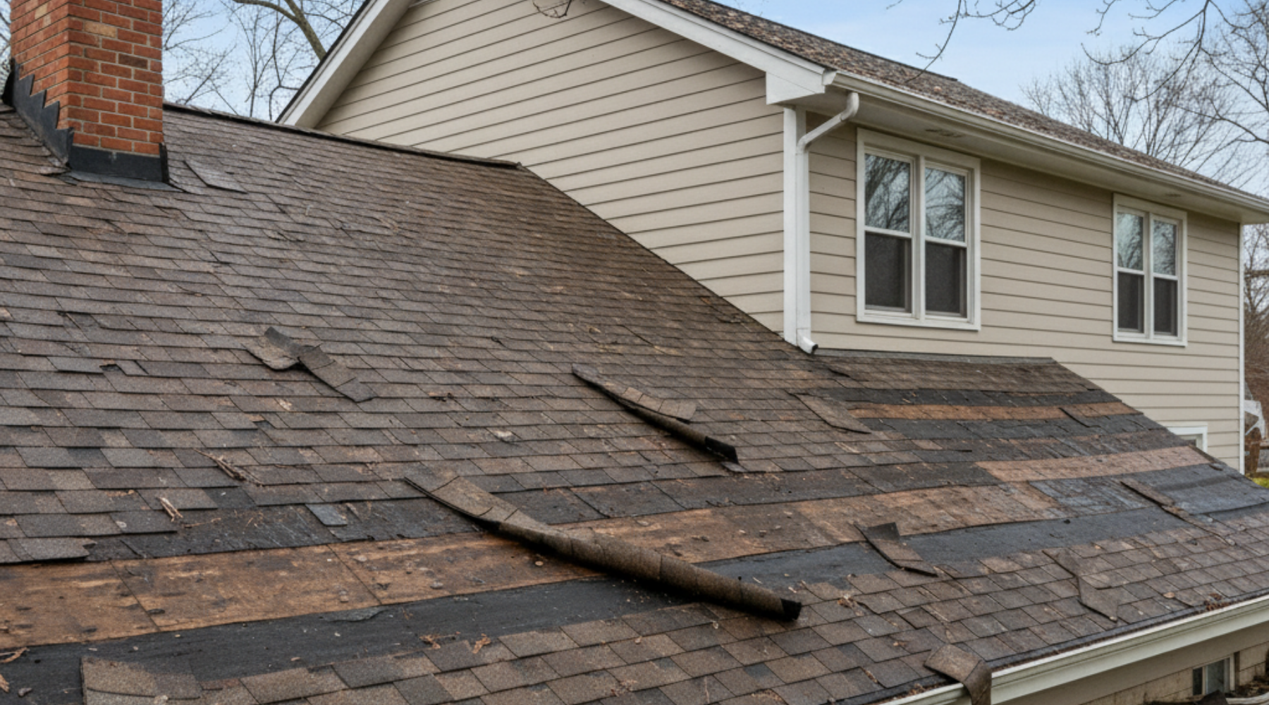 roofing company in ottawa hills ohio Close-up of a house roof with missing and damaged asphalt shingles near a brick chimney.