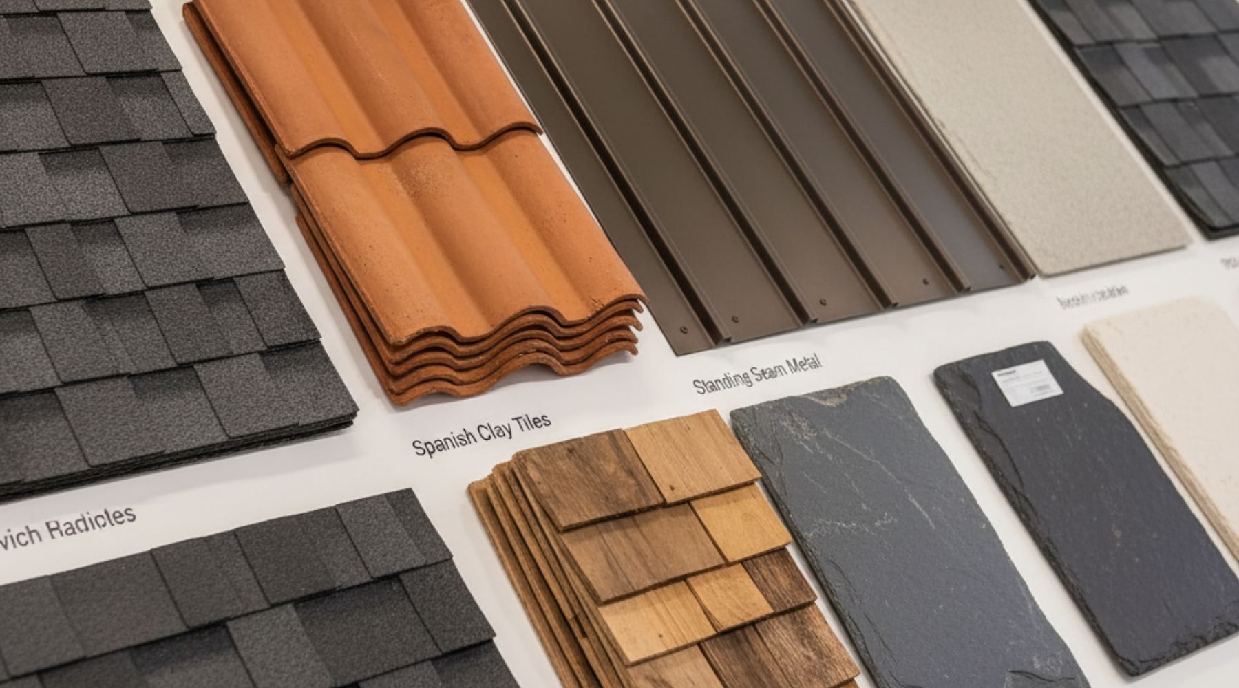 roofing material in samaria by pro craft home products Various roofing materials including asphalt shingles, Spanish clay tiles, metal panels, wood shakes, and slate displayed on a showroom board.