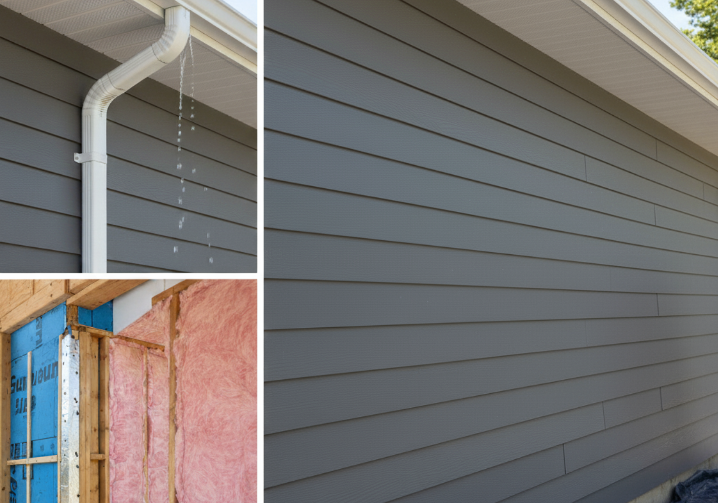 siding, gutter and insulation by pro craft home products Close-up of new vinyl siding, gutter system, and wall insulation installation on a home exterior.