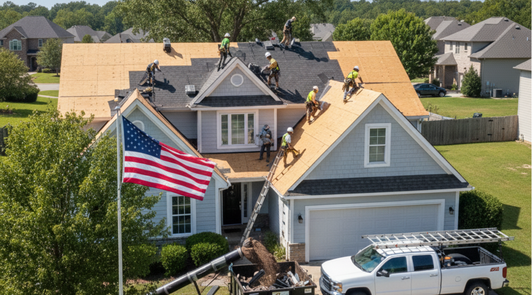 Roofing Companies in millbury Roofers replace plywood decking on a two-story suburban home while an American flag waves in the foreground.