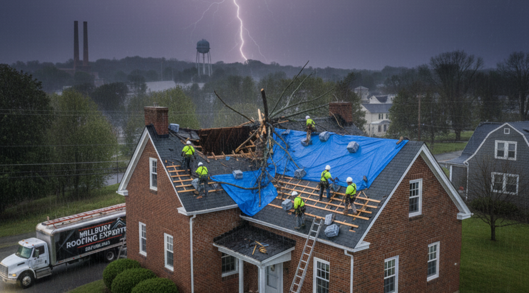 emergency roofing in millbury Roofing crew tarping a storm-damaged home after a tree crash during heavy rain and lightning.