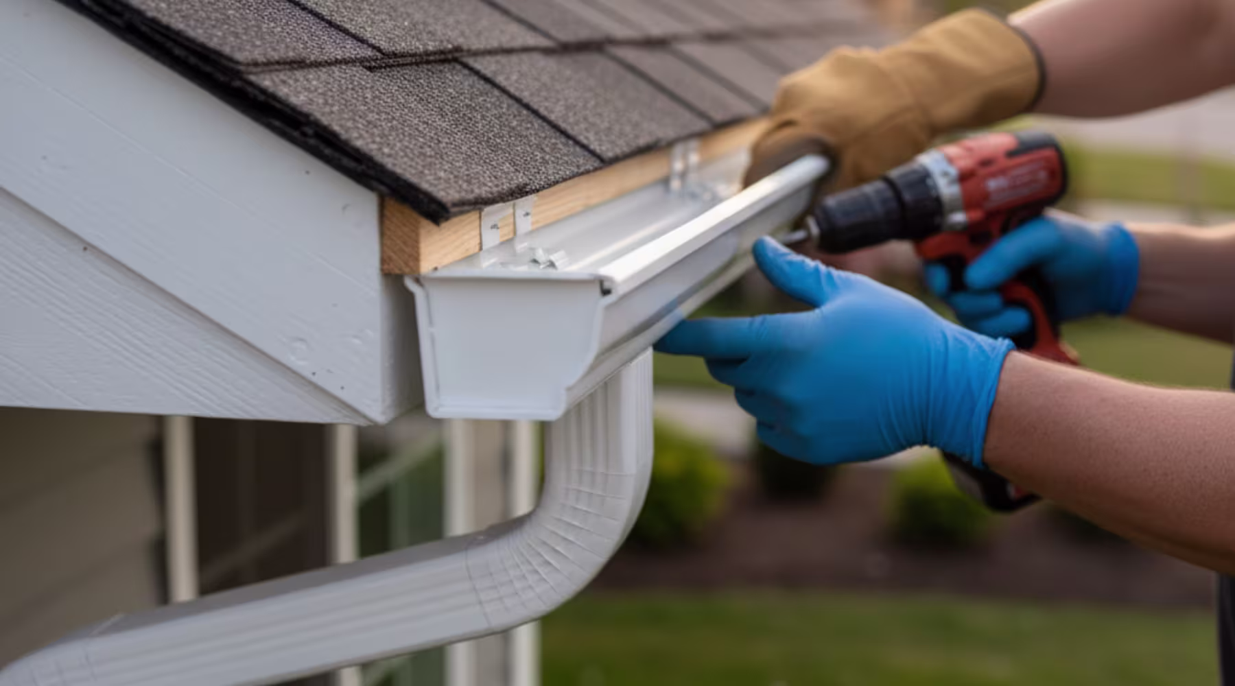 Close-up of a worker installing a new rain gutter using a drill and safety gloves.