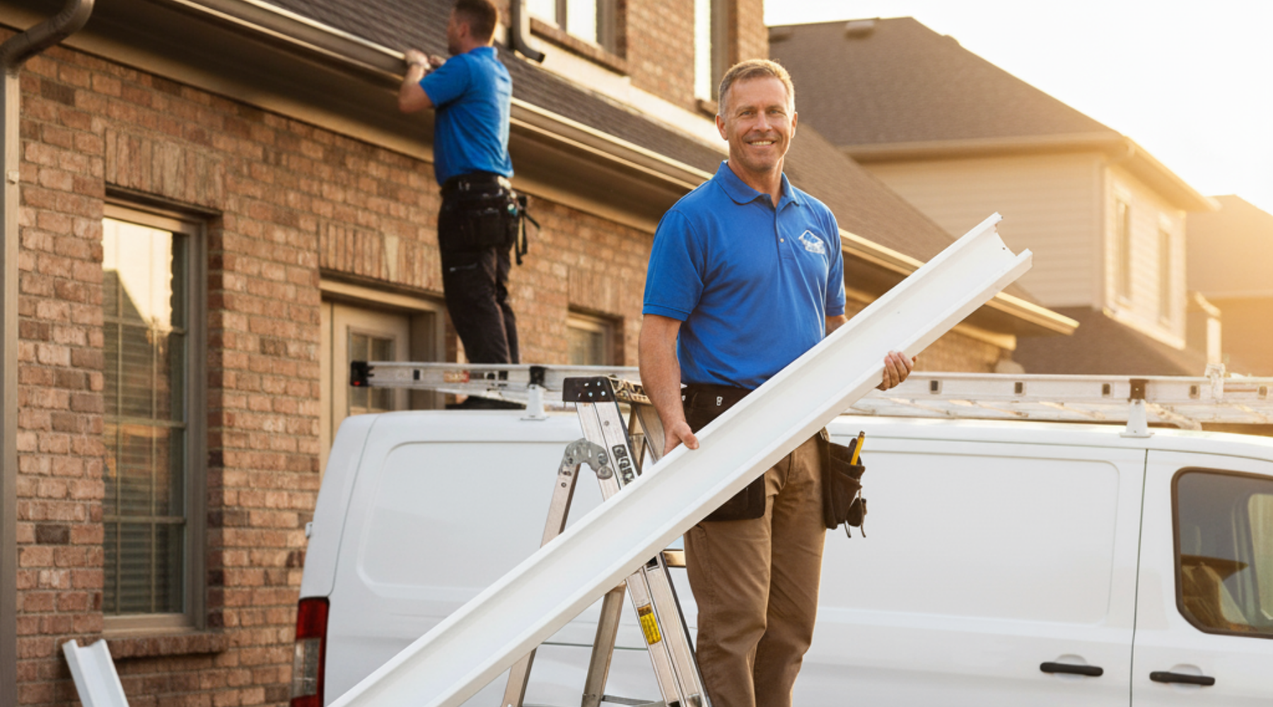 gutter replacement contractor Roofing and gutter contractors installing new gutters on a brick home