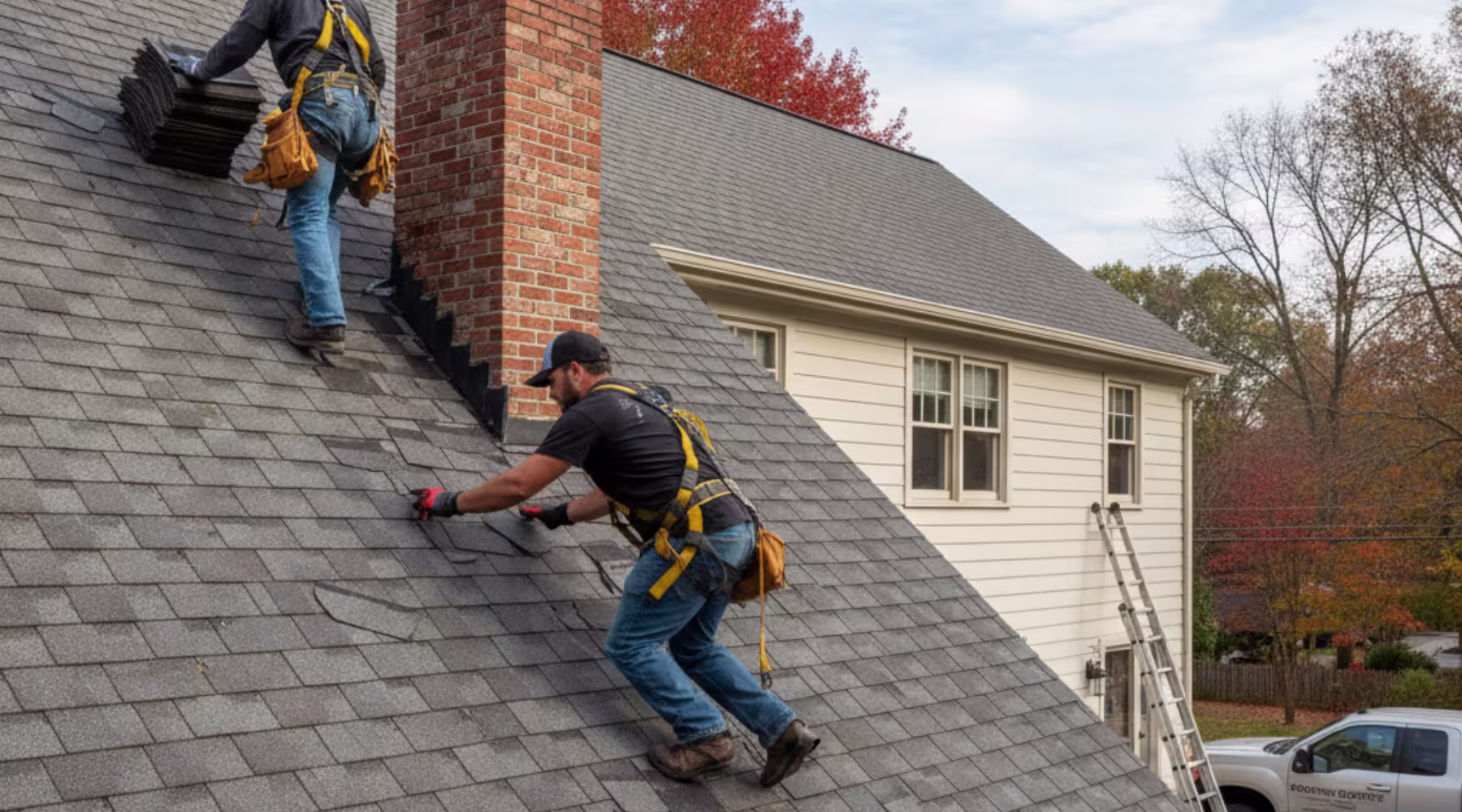 roof repair contractor Roof repair contractor working on a residential roof under clear skies, using safety gear and professional tools.