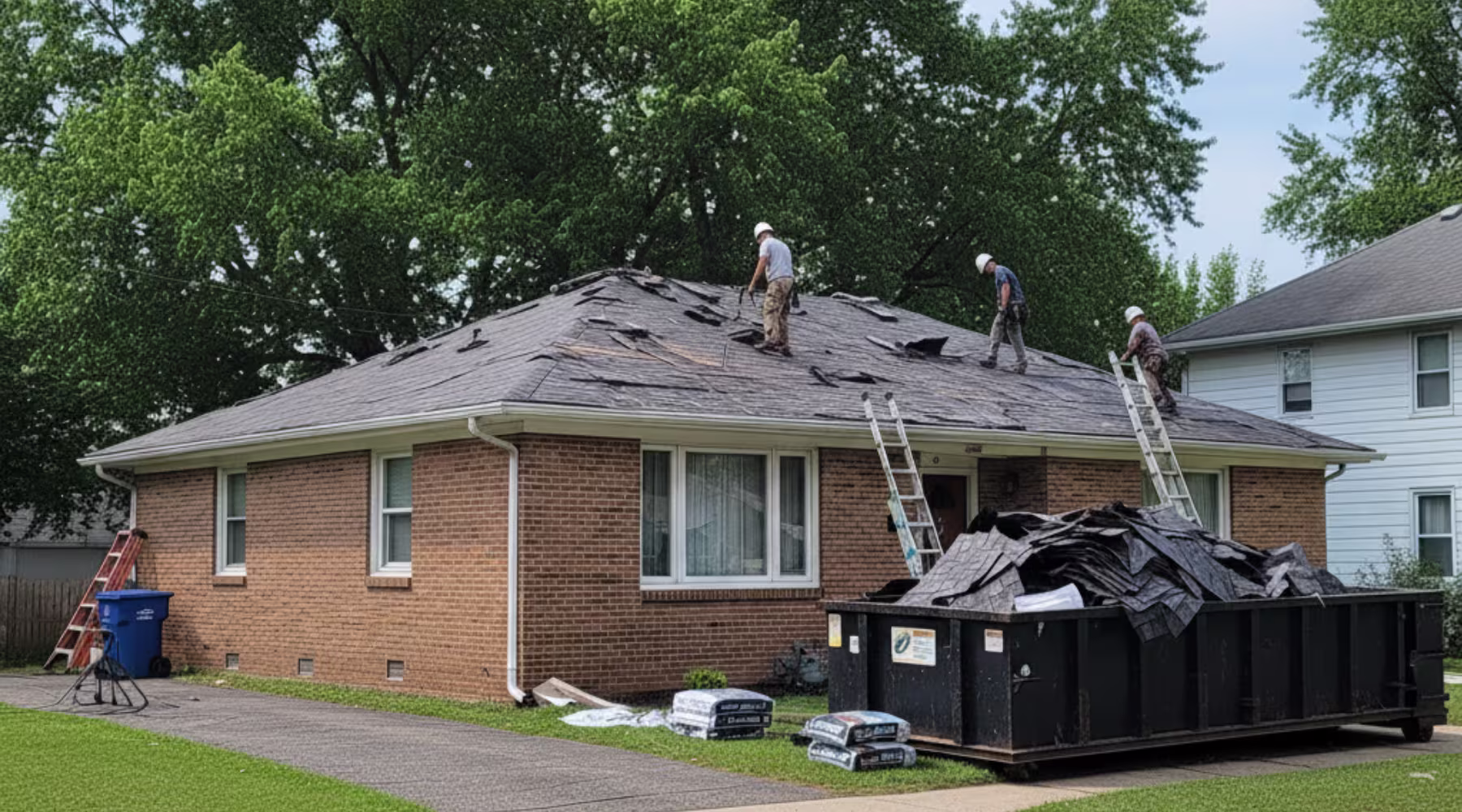 roof replacement and repair service in vanlue Three roofers wearing safety gear work on removing shingles from a one-story brick house, with a dumpster full of old roofing materials and bundles of new shingles nearby.