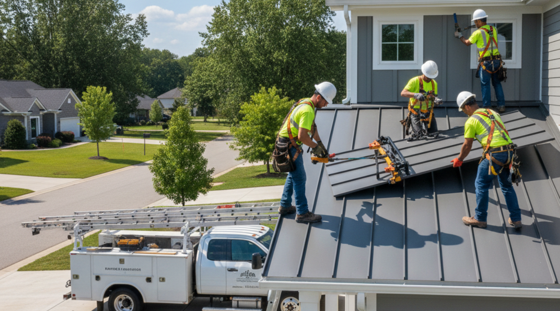 roofing company millbury Roofing crew installing standing seam metal panels on a residential home using safety gear and specialized equipment.