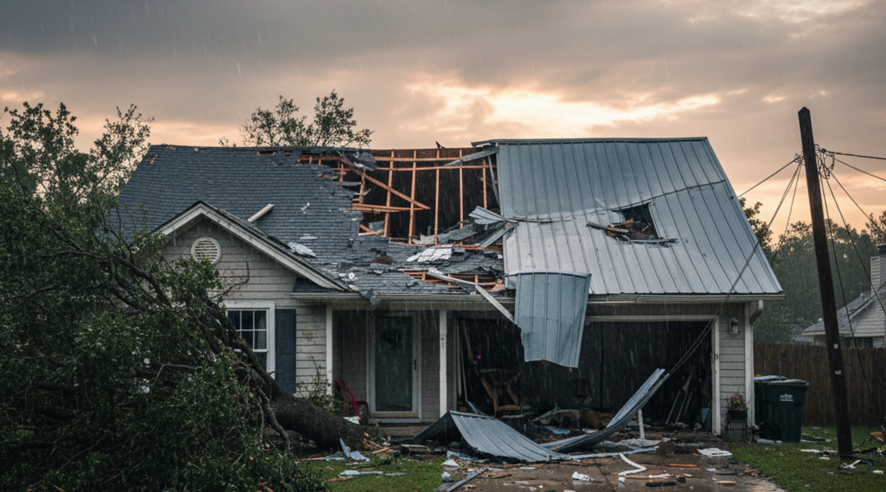roofing contractor in atryker Severely damaged house roof after a storm with fallen tree and torn metal panels