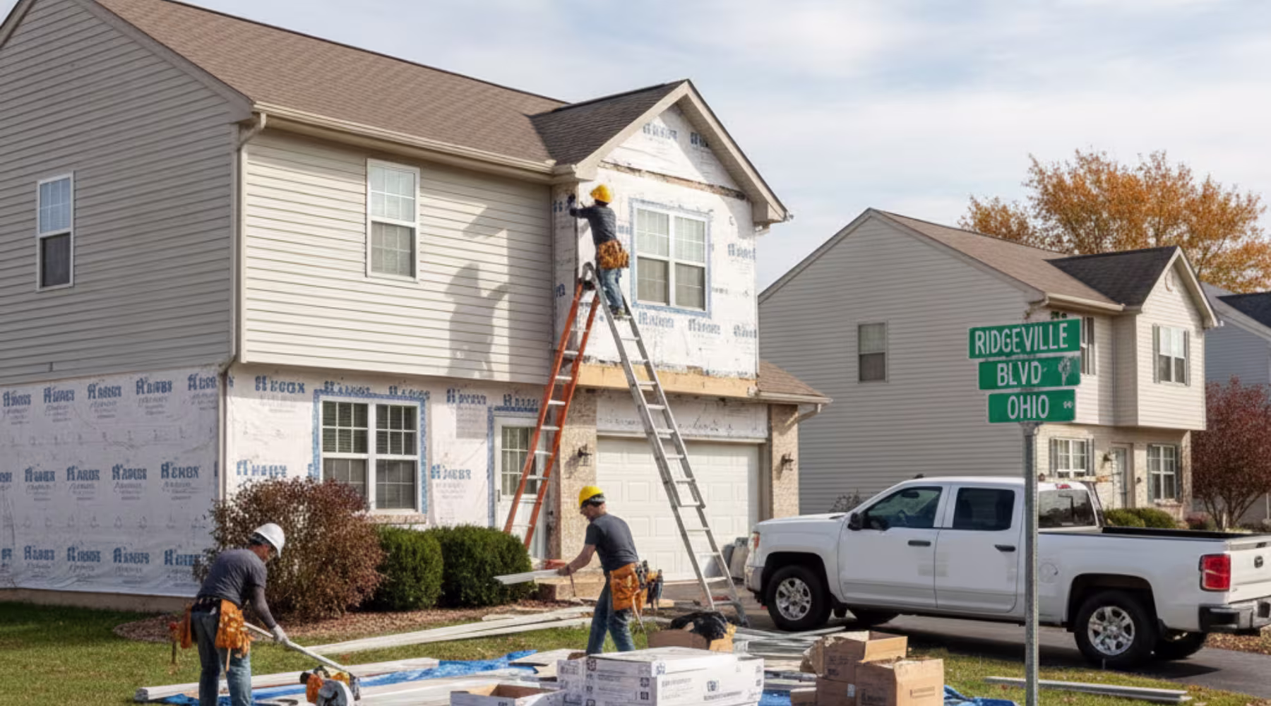 siding contractor ridgeville ohio Construction workers install new siding on a two-story suburban house at the corner of Ridgeville Blvd and Ohio Street. A white pickup truck is parked in the driveway, and ladders are propped against the house.