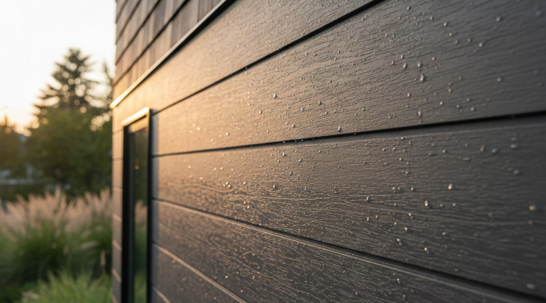 siding replacement in north baltimore Close-up of dark horizontal siding with water droplets on the surface during a sunset.