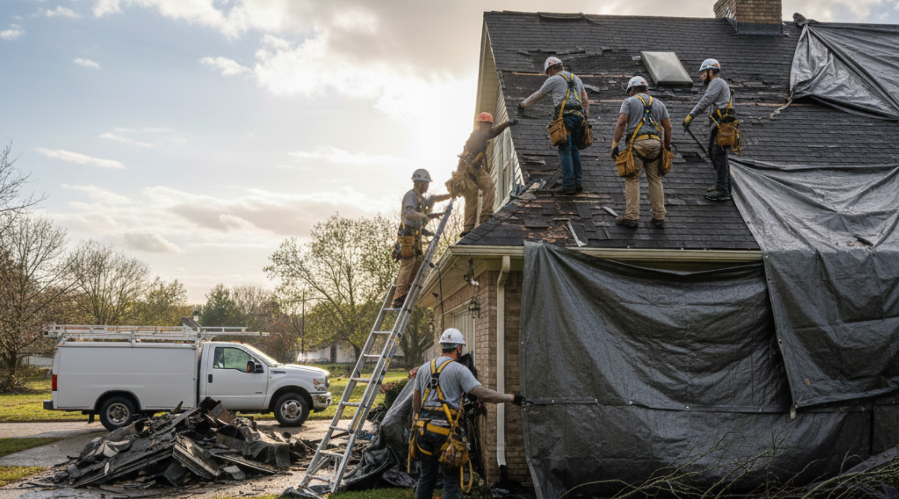 storm damage roof repair Professional roofing crew wearing safety harnesses working on a residential roof replacement, with workers on the roof and ladder, damaged shingles piled below, and a white work van parked nearby