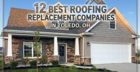 12 best roof replacement companies in Toledo OH featuring a brick home with new asphalt shingle roof