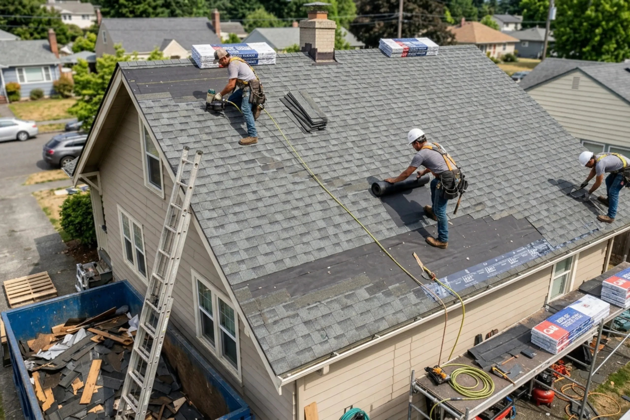new roof installation Roofing crew tearing off old shingles and installing a new asphalt shingle roof, with a dumpster below full of old roofing debris